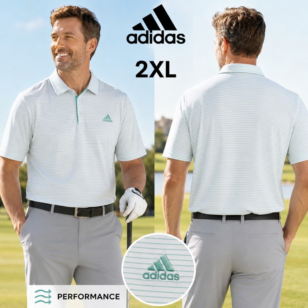 Adidas Performance Mens Golf Polo Shirt 2XL White Mint Green Striped GR0450‎